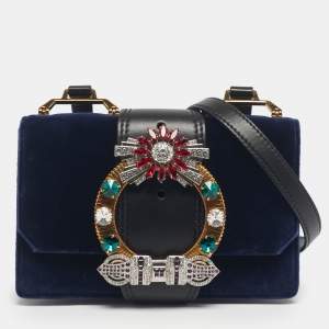 Pre Owned Miu Miu Navy Blue/Black Velvet and Leather Crystal Embellished Buckle Flap Bag