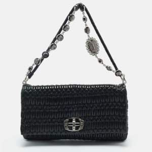 Pre Owned Miu Miu Black Matelassé Leather Crystals Chain Shoulder Bag