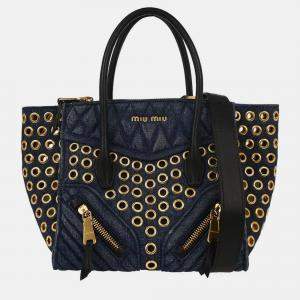 Pre Owned Miu Miu Navy Denim Biker Tote Bag