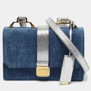 Pre Owned Miu Miu Silver/Blue Denim and Madras Leather Pushlock Top Handle Bag