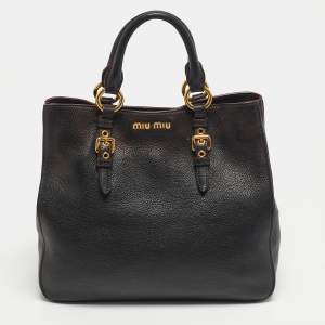 Pre Owned Miu Miu Buckle Black Leather Madras Tote