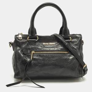 Pre Owned Miu Miu Bauletto Black Vitello Shine Leather Satchel