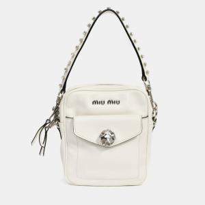 مملوكة مسبقًا Miu Miu White Leather Crystal Embellished Top Handle