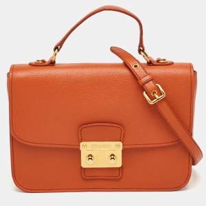Pre Owned Miu Miu Push Lock Orange Madras Leather Flap Top Handle Bag