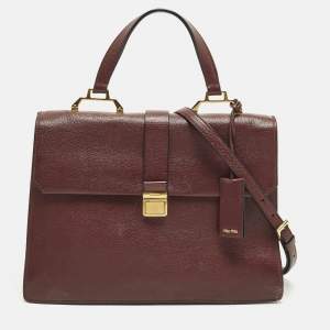 Pre Owned Miu Miu Pushlock Flap Burgundy Madras Leather Top Handle Bag