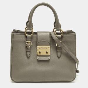 Pre Owned Miu Miu Pushlock Grey Madras Leather Tote