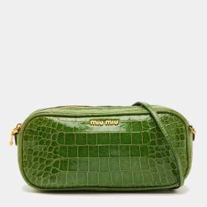 Pre Owned Miu Miu Green Croc Embossed Patent Leather Crossbody Bag
