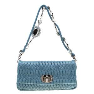 Miu Miu Light Blue Matelassé Leather Crystal Shoulder Bag