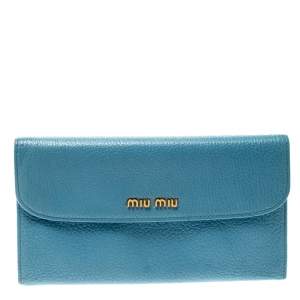 Miu Miu Blue Leather Madras Flap Wallet