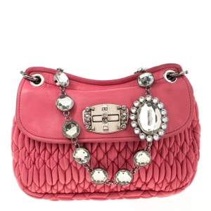 Miu Miu Pink Matelassé Leather Crystal Flap Shoulder Bag