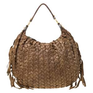 Miu Miu Brown Woven Leather Fringe Hobo