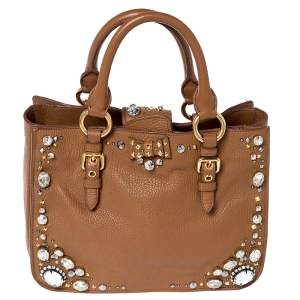  Miu Miu Tan Leather Crystal Embellished Studded Tote