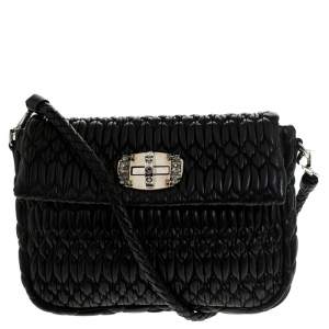 Miu Miu Black Matelassé Leather Crystal Embellished Turnlock Shoulder Bag