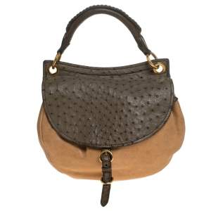 Miu Miu Beige/Green Ostrich and Leather Top Handle Bag