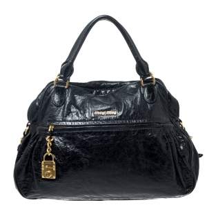 Miu Miu Black Leather Lily Distressed Satchel