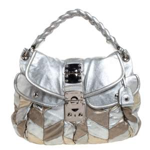 Miu Miu Metallic Silver/Gold Leather Patchwork Coffer Hobo