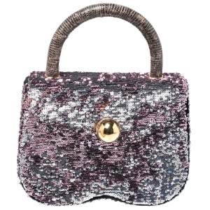 Miu Miu Pink/Silver Sequins and Lizard Round Metal Flap Top Handle Bag