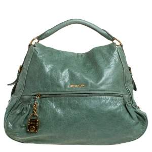 Miu Miu Green Leather Lily Distressed Shoulder Bag