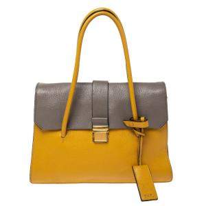 Miu Miu Mustard/Grey Madras Leather Push Lock Top Handle Bag