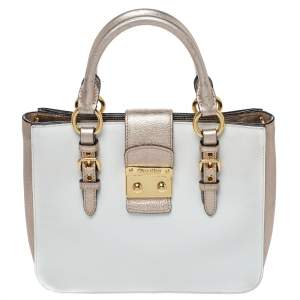 Miu Miu White/Metallic Peach Leather Madras Tote