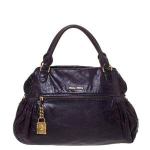Miu Miu Dark Plum Leather Lily Distressed Satchel