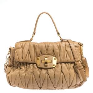 Miu Miu Beige Matelasse Leather Turnlock Top Handle Bag