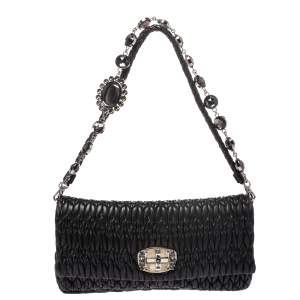 Miu Miu Black Matelasse Leather Crystal Shoulder Bag