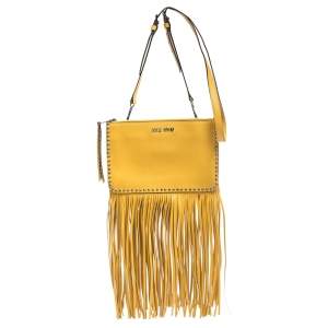Miu Miu Yellow Leather Studded Fringed Shoulder Bag