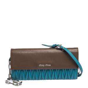 Miu Miu Blue/Brown Matelasee Leather Flap Wallet on Chain