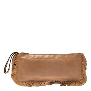 Miu Miu Caramel Brown Leather Ruffle Wristlet Clutch