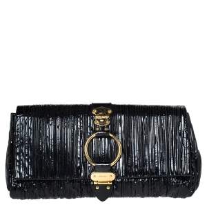 Miu Miu Black Pleated Patent Leather Ring Flap Clutch
