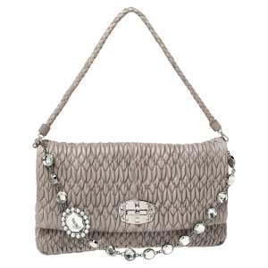 Miu Miu Two Tone Grey Matelassé Leather Crystal Flap Shoulder Bag