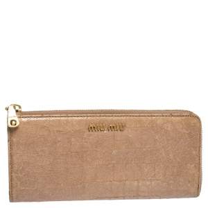 Miu Miu Beige Croc Embossed Crackled Leather Zip Around Wallet