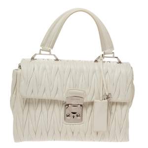 Miu Miu White Matelassé Leather Flap Top Handle Bag