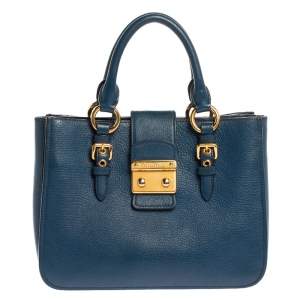 Miu Miu Blue Textured Leather Medium Madras Tote