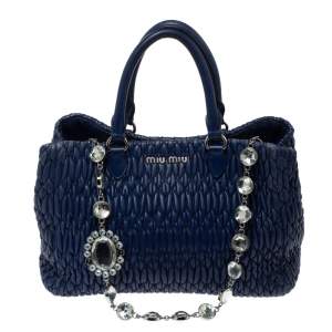 Miu Miu Blue Matelasse Nappa Leather Crystal Tote