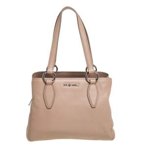 Miu Miu Beige Vitello Phenix Leather Zip Shopper Tote