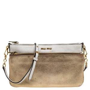 Miu Miu White/Gold Leather Double Zip Crossbody Bag