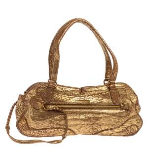 Miu Miu Gold Textured Leather Pocket Zip Shoulder Bag
