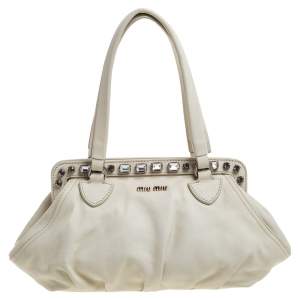 Miu Miu Off White Leather Crystal Embellished Satchel