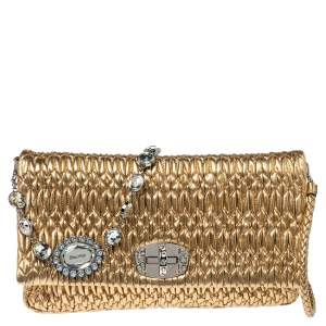 Miu Miu Metallic Gold Matelasse Nappa Leather Crystal Shoulder Bag