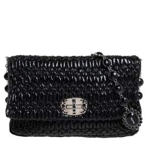 Miu Miu Black Matelasse Patent Leather Crystal Shoulder Bag