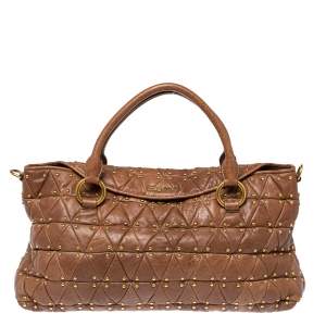 Pre Owned Miu Miu Brown Quilted Leather Studded Flap Tote