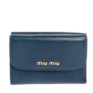 Pre Owned Miu Miu Blue Leather Madras Compact Wallet