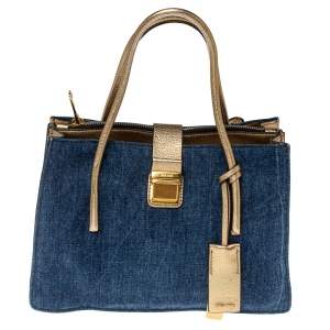 Miu Miu Gold/Blue Madras Leather and Denim Pushlock Tote