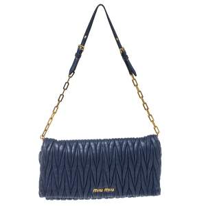 Pre Owned Miu Miu Blue Matelasse Leather Flap Shoulder Bag