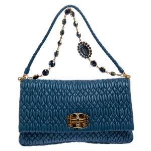 Miu Miu Blue Matelassé Leather Crystal Flap Shoulder Bag