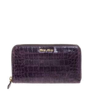 Miu Miu Purple Croc Embossed Leather Zip Around Wallet
