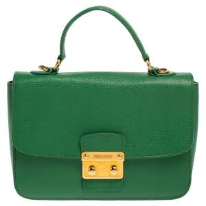 Miu Miu Green Madras Leather Push Lock Flap Top Handle Bag