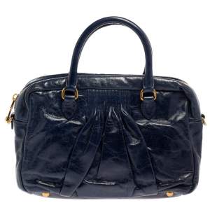 Miu Miu Navy Blue Glazed Pleated Leather Zip Satchel